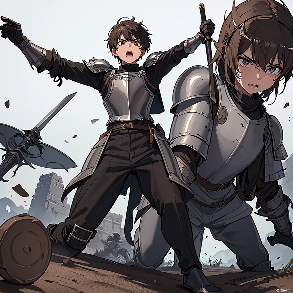 Best illustrations、Best Quality、(((Simple grey armor、Black trousers、Black gloves、Short Hair、Brown Hair、Plate Armor、20 year old man)))、(((Grab the sword、Get Ready)))、(Old ruins、desert。Grass)、Fall to the floor、(Black, muddy swamp)、(中世の騎士が10 people)、(get annoyed、Open your mouth、Get angry)、(lots of medieval knights、10 people)、battlefield、(From below)、(White background)