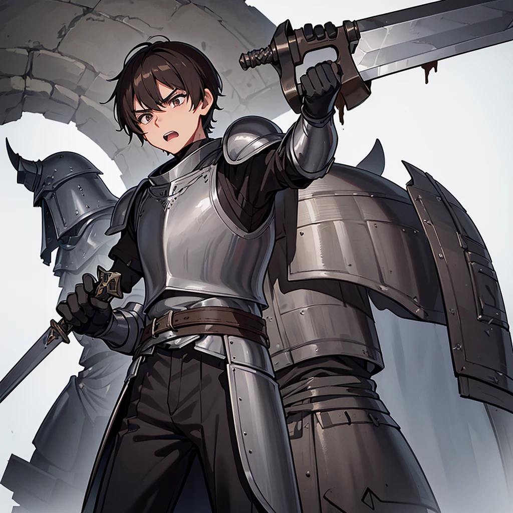 Best illustrations、Best Quality、(((Simple grey armor、Black trousers、Black gloves、Short Hair、Brown Hair、Plate Armor、20 year old man)))、(((Grab the sword、Get Ready)))、(Old ruins、desert。Grass)、Fall to the floor、(Black, muddy swamp)、(中世の騎士が10 people)、(get annoyed、Open your mouth、Get angry)、(lots of medieval knights、10 people)、battlefield、(From below)、(White background)