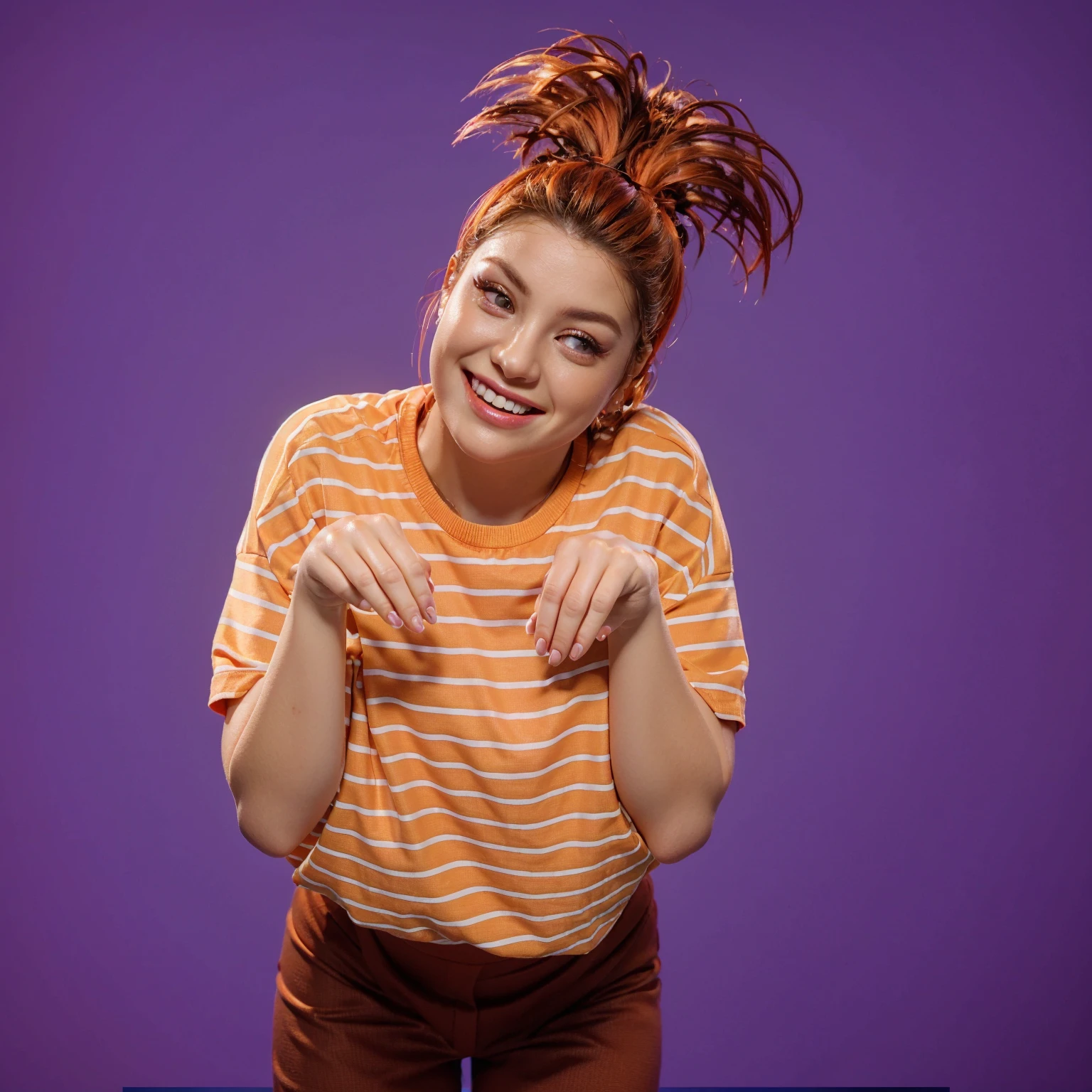 This image captures a young woman with vibrant, fiery orange hair styled in an exuberant updo, giving her a playful and energetic look. She is leaning forward playfully, resting her chin on her hands, with a beaming smile that lights up her face. Her makeup is cheerful and enhances her features, with peach-toned blush and matching eyeshadow. She's wearing a casual, striped orange and white t-shirt that complements her bright hair. The purple background contrasts sharply with her hair and shirt, emphasizing her lively and joyful demeanor. This setting exudes a sense of warmth and safety, ideal for smooth cascading blue well-groomed hair a child's imaginative and peaceful slumber. аffects render, (glossy plastic texture with multiple big light probe refractions), perfect cgi, smooth silhouette, high intensity refraction, (super glossy plastic material), most beautiful vfx, , realistic, 4k, high resolution, rim light, smooth 3d model, multiple light sources, rim light, sharp post effects render,, realistic, 4k, high resolution, rim light detailed digital art, reflective, best quality, 4k, masterpiece:1.2, ultra-detailed, realistic, vivid colors, The image of the highest quality, ensuring every detail showcased perfectly. It in 4k resolution, allowing viewers to immerse themselves in the richness of the colors and intricate details. The realistic rendering. under the spotlight, reflecting, high-resolution image, realistic rendering