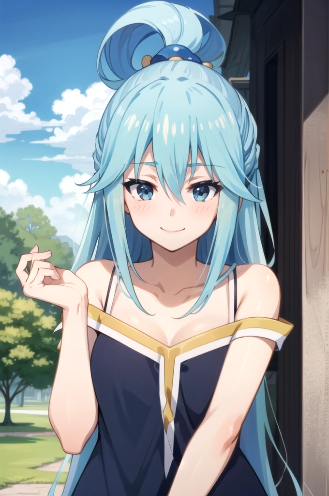 tall body, tall, long legs, mature female, mature, adult, EFT_Konsuba_Aqua, 1girl, aqua (konosuba), solo, long hair, smile, blue eyes, anime coloring, blue hair, hair rings, hair ornament, outdoors, upper body, sky, shirt, collarbone, hair between eyes