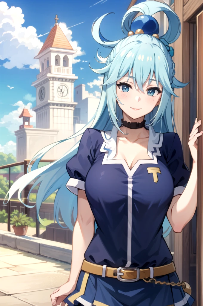 tall body, tall, long legs, mature female, mature, adult, EFT_Konsuba_Aqua, 1girl, aqua (konosuba), solo, long hair, smile, blue eyes, anime coloring, blue hair, hair rings, hair ornament, outdoors, upper body, sky, shirt, collarbone, hair between eyes