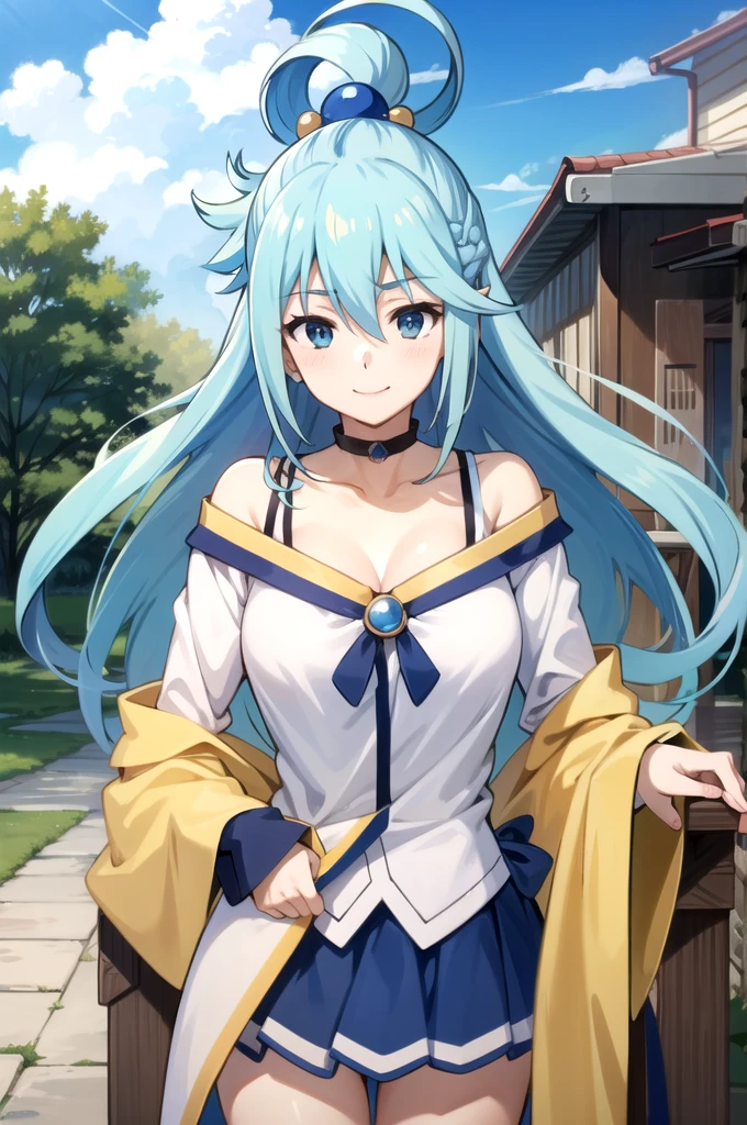 tall body, tall, long legs, mature female, mature, adult, EFT_Konsuba_Aqua, 1girl, aqua (konosuba), solo, long hair, smile, blue eyes, anime coloring, blue hair, hair rings, hair ornament, outdoors, upper body, sky, shirt, collarbone, hair between eyes