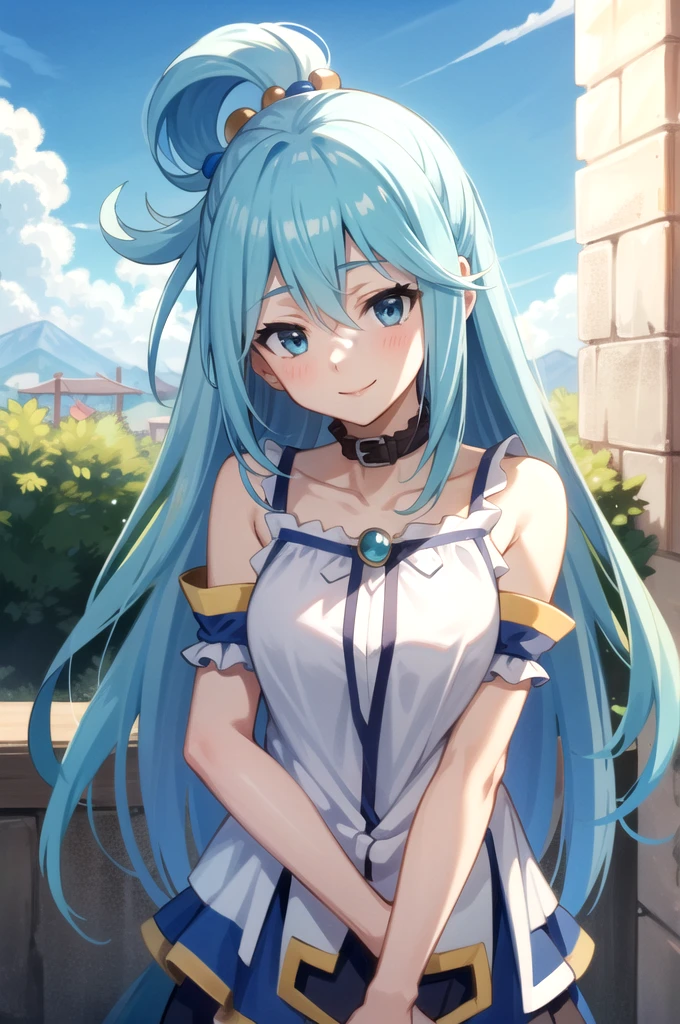 tall body, tall, long legs, mature female, mature, adult, EFT_Konsuba_Aqua, 1girl, aqua (konosuba), solo, long hair, smile, blue eyes, anime coloring, blue hair, hair rings, hair ornament, outdoors, upper body, sky, shirt, collarbone, hair between eyes