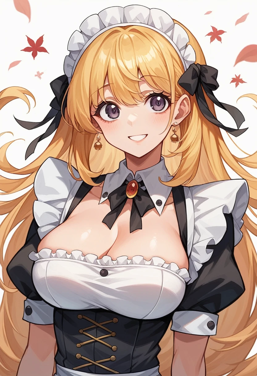 beautiful 18 year old girl, large eyes, big breasts, small and thin, 8k, Superior quality, (Very detailed head: 1.0), (Very detailed face: 1.0), (very detailed hair: 1.0), maid clothes, highly detailed official artwork, anime moe art style, clean and detailed anime art, SMILE, Golden hair, long and straight hair