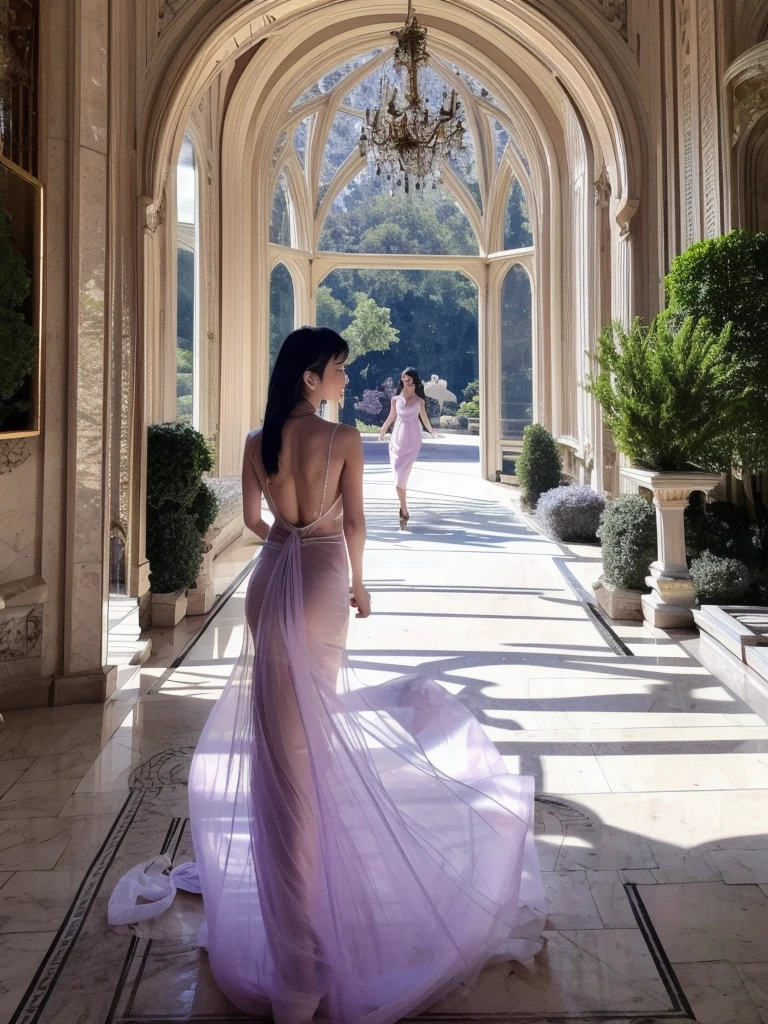 live-action, 4K, Beautiful women in their 30s, Transparent long dress in lavender crystal material, Sleeveless, Ample breasts, Hair tied up in a ponytail, Black Hair, Walking gracefully in the gentle breeze, Inside the large room of the Crystal Palace, The walls and floors are made of crystal, Light reflecting on the floor, Flat contrast overall