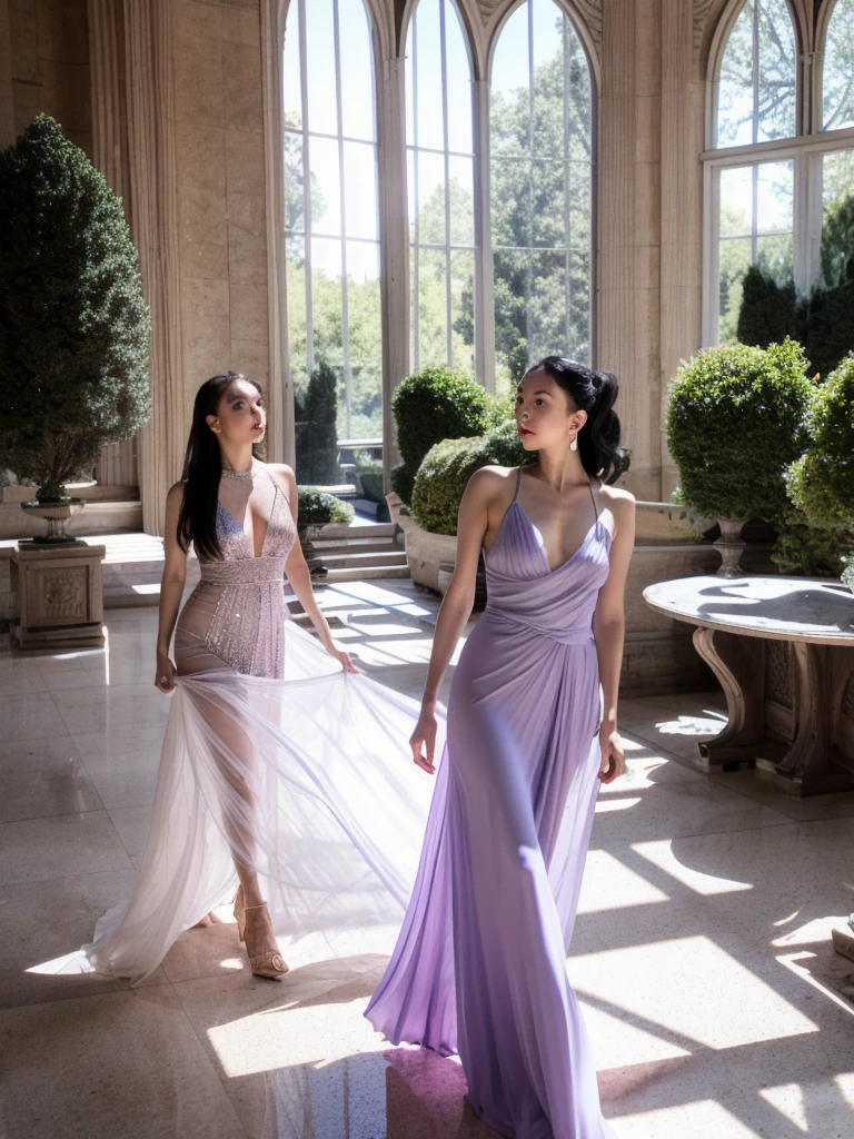 live-action, 4K, Beautiful women in their 30s, Transparent long dress in lavender crystal material, Sleeveless, Ample breasts, Hair tied up in a ponytail, Black Hair, Walking gracefully in the gentle breeze, Inside the large room of the Crystal Palace, The walls and floors are made of crystal, Light reflecting on the floor, Flat contrast overall