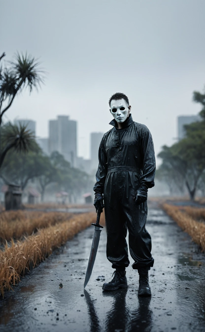 Halloween backgrounds、8k、Dark fantasy、City of Halloween、Ultra HD、Amazing image quality,4k、boogeyman、Short Hair、work shoeichael Myers、Black jumpsuit、White Mask、Knife、blood droplets、Full Body Shot,Give the viewer a malicious look, Grabbing Viewer, For the viewer,Misty marshland background,Shallow depth of field, Vignette, Very detailed, High budget, Bokeh, CinemaScope, Sulky, amazing, nice, Film Grain, granular . Creepy, Anxious, dark, Creepyな, Suspenseful, strict, Very detailed