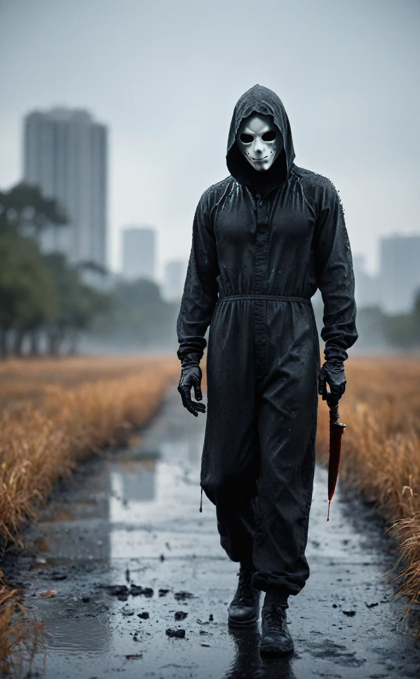 Halloween backgrounds、８ｋ、Dark fantasy、City of Halloween、Ultra HD、Amazing image quality,４ｋ、boogeyman、Short Hair、work shoeichael Myers、Black jumpsuit、White Mask、Knife、blood droplets、Full Body Shot,Give the viewer a malicious look, Grabbing Viewer, For the viewer,Misty marshland background,Shallow depth of field, Vignette, Very detailed, High budget, Bokeh, CinemaScope, Sulky, amazing, nice, Film Grain, granular . Creepy, Anxious, dark, Creepyな, Suspenseful, strict, Very detailed