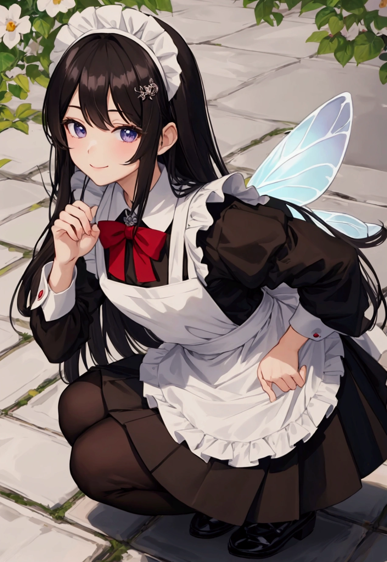 masterpiece, Highest quality, Absurd, Super detailed, 1 girl、As an adult、smile、shirt、skirt、apron、hair ornaments、Black Hair、Fairy、Maid、Maidコスチューム、（Small breasts）、Wind、Squat、coffee