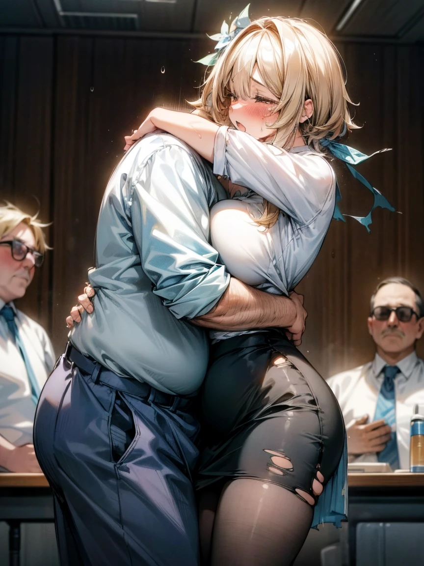 (One girl, A fat middle-aged man:1.2), 破れたpantyhose, pantyhose, White shirt, Pencil Skirt, blush, French kiss, hug, Big Breasts, office, Very detailed, High resolution, 4K, masterpiece, High resolution、(tears:1.4)、(Clothes are see-through:1.2)、(Sex:1.3)