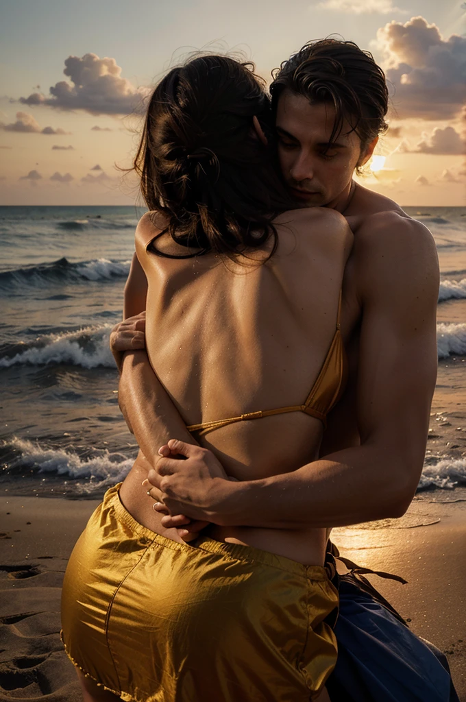 Renaissance illustration of couple man and woman giving each other love and hugs on a beach at sunset
