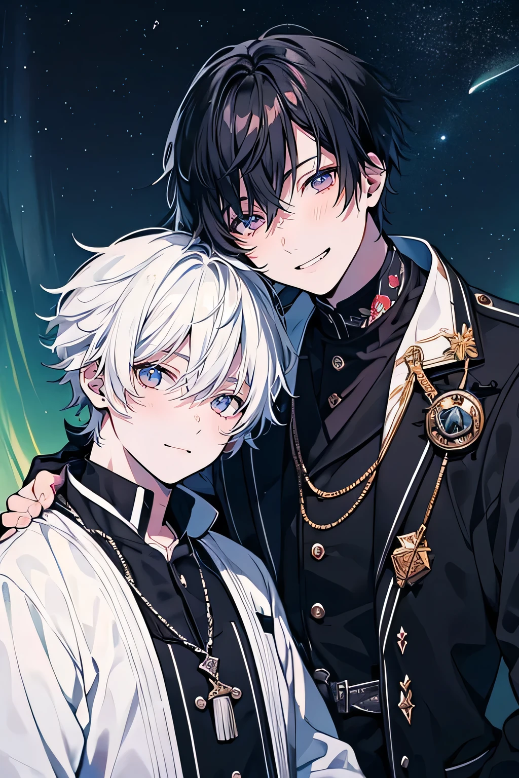 (Piece Fly), (best quality), Very detailed, ((Two friendly men)), Perfect face, Pretty Face, Very detailed face,(Black-haired man:1.3),(White haired man:1.3),Smile,Under the aurora,outdoor