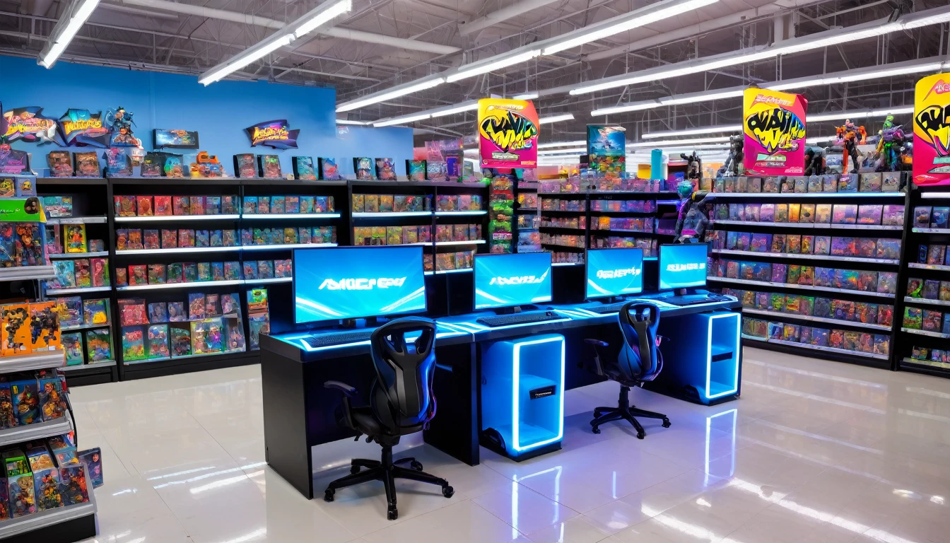 online game store, video game aisle, action figure aisle, bright neon lights, computer station in front with LED gaming mouse