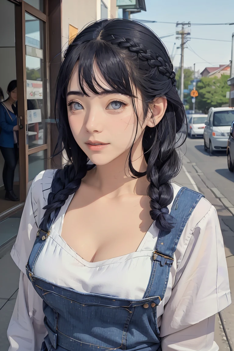 tmasterpiece， best qualityer， ultra - detailed， illustration，1girll，
long whitr hair，dark-blue hair，french braid，Purple eye，bluntbangs，cleavage，Large breasts
shirt，（jeans overalls：1.1），
mideum breasts， 
looking at viewert，hyouka/（Boruto/），Detailed lips