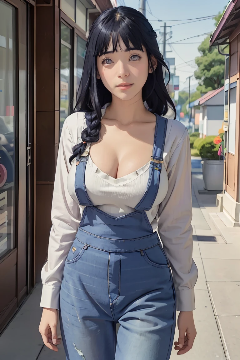 tmasterpiece, best qualityer, ultra - detailed, illustration,1girll,
long whitr hair,dark-blue hair,french braid,Purple eye,bluntbangs,cleavage,Large breasts
shirt,(jeans overalls:1.1),
mideum breasts,
looking at viewert,hyouka/(Boruto/),Detailed lips