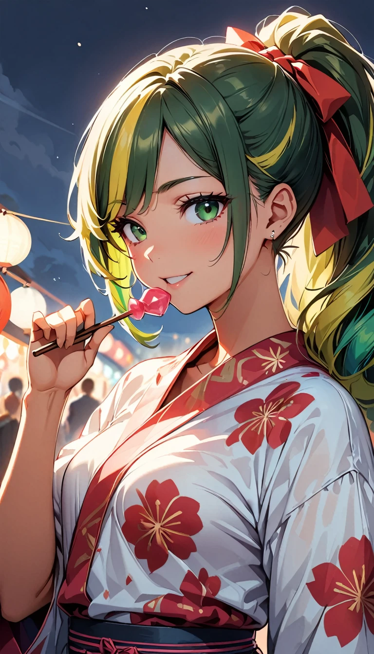 (highest quality:1.2, Very detailed, up to date, Vibrant, Ultra-high resolution, High Contrast, masterpiece:1.2, highest quality, Best aesthetics), Portraiture、girl、((25 years old:1.5)), (slim:1), ((25 years old:1)), (japanese traditional yukata), floral pattern yukata, eating stick candy, summer festival, bon dancee, long hair、ponytail, white and yellow green ((streaked hair:1.6)), highlights hair: 1.5, (small breast,:1) (tan skin:1.1), Bright colors、Beautiful fine details、Beautiful lip detail、cowboy shot, look at viewer