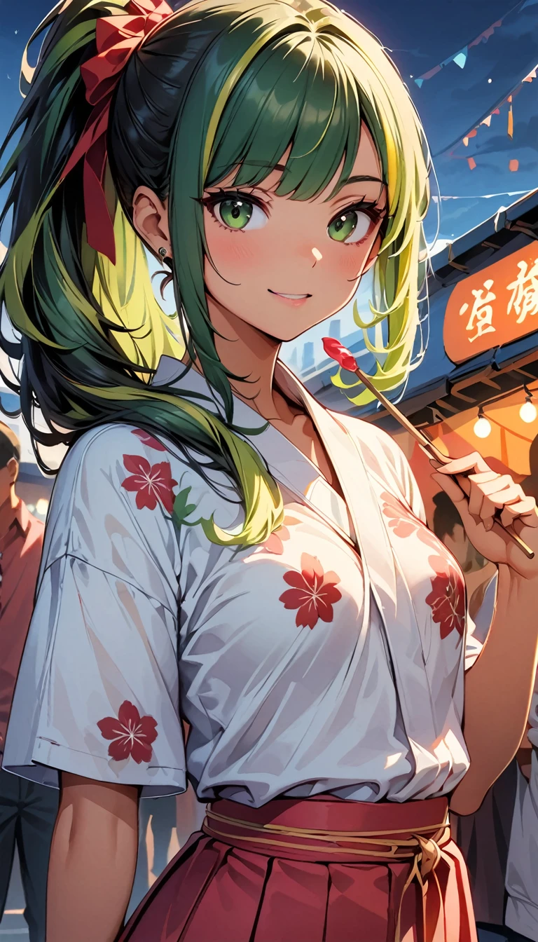 ghest quality:1.2, Very detailed, up to date, Vibrant, Ultra-high resolution, High Contrast, masterpiece:1.2, highest quality, Best aesthetics), Portraiture、girl、((25 years old:1.5)), (slim:1), 25 years old, (japanese traditional yukata), floral pattern yukata, eating stick candy, summer festival, bon dancee, Bright colors、Beautiful fine details、Beautiful lip detail、long hair、ponytail, white and yellow green ((streaked hair:1.6)), highlights hair: 1.5, (small breast,:1) (tan skin:1.1), cowboy shot,