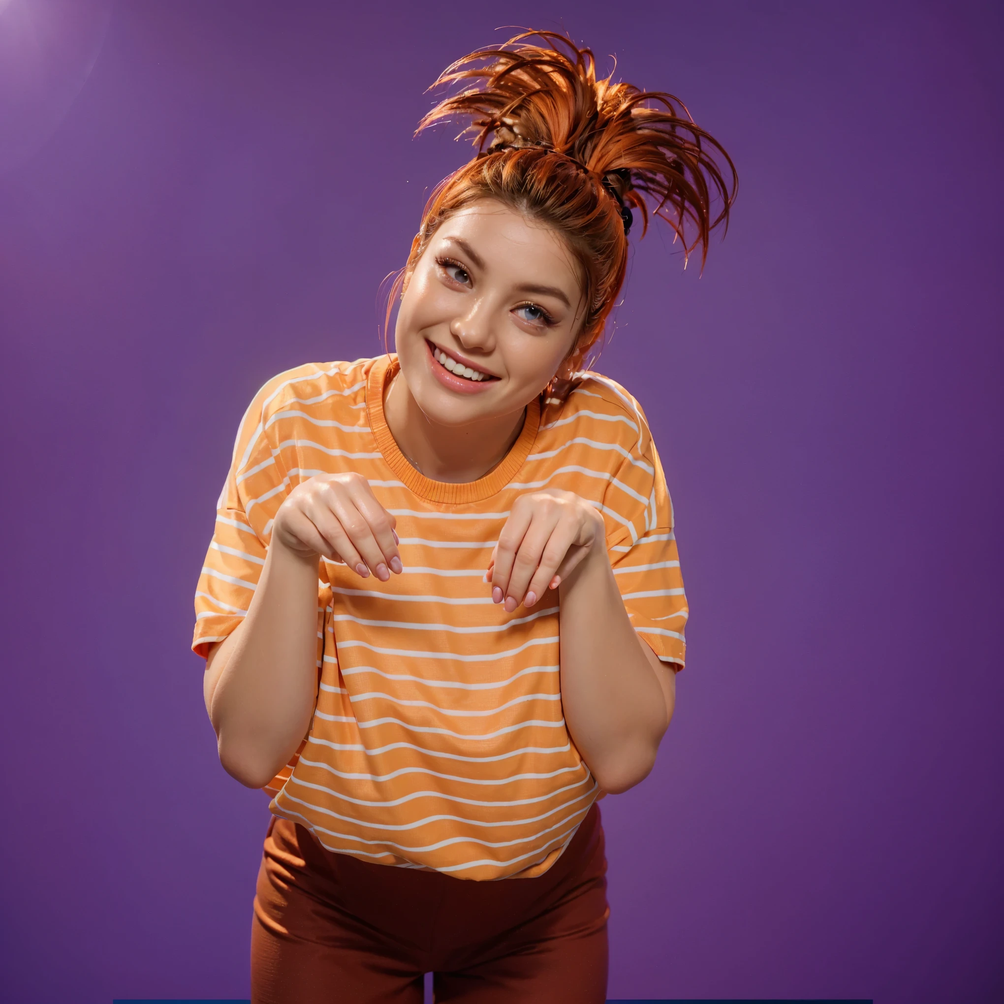 This image captures a young woman with vibrant, fiery orange hair styled in an exuberant updo, giving her a playful and energetic look. She is leaning forward playfully, resting her chin on her hands, with a beaming smile that lights up her face. Her makeup is cheerful and enhances her features, with peach-toned blush and matching eyeshadow. She's wearing a casual, striped orange and white t-shirt that complements her bright hair. The purple background contrasts sharply with her hair and shirt, emphasizing her lively and joyful demeanor. This setting exudes a sense of warmth and safety, ideal for smooth cascading blue well-groomed hair a child's imaginative and peaceful slumber. аffects render, (glossy plastic texture with multiple big light probe refractions), perfect cgi, smooth silhouette, high intensity refraction, (super glossy plastic material), most beautiful vfx, , realistic, 4k, high resolution, rim light, smooth 3d model, multiple light sources, rim light, sharp post effects render,, realistic, 4k, high resolution, rim light detailed digital art, reflective, best quality, 4k, masterpiece:1.2, ultra-detailed, realistic, vivid colors, The image of the highest quality, ensuring every detail showcased perfectly. It in 4k resolution, allowing viewers to immerse themselves in the richness of the colors and intricate details. The realistic rendering. under the spotlight, reflecting, high-resolution image, realistic rendering