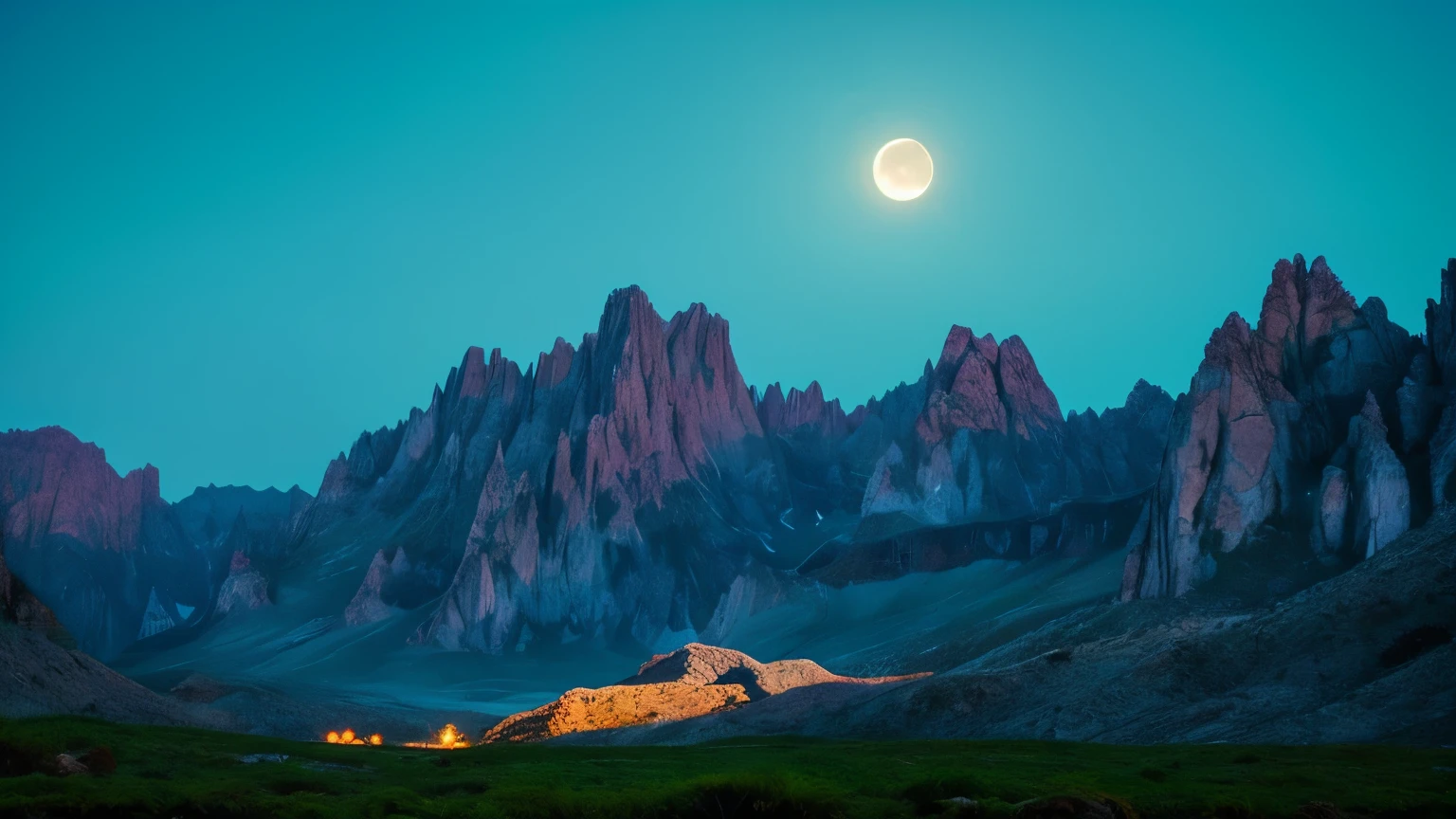 Generate a breathtaking and unique landscape photo using SDXL. The scene should depict a surreal and otherworldly environment where towering, jagged mountains are covered in bioluminescent vegetation that glows in shades of blue and green. A crystalline river winds its way through the valley, its water shimmering with iridescent hues under the light of a large, luminescent moon hanging low in the sky. The sky is filled with vibrant, swirling colors of a twilight that blends purples, pinks,