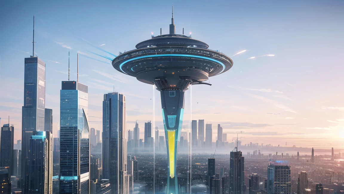 (Highest quality,4K,8k,High resolution,masterpiece:1.2),Very detailed,(Realistic,Realistic,Photorealistic:1.37),Futuristic floating city,Future Technology,Huge urban high-tech tablet platform,airship,Floating in the sky,Future City,小さなairshipが周囲に,High-tech hemispherical platform,Colorful lights,High-level architecture,Modern architecture,Skyscraper,Access the cloud,Beautiful views,City view,Impressive design,Seamlessly blending with nature,vibrant and lively atmosphere,Future Transportation Systems,No Parking,Transparent path,Lush greenery,Sky Garden,waterfall,Spectacular Skyline,Reflection on the surface of the water,Shining River,Architectural Innovation,Futuristic skyscrapers,Transparent Dome,The building has an unusual shape,Elevated walkway,Impressive Skyline,Glowing lights,Future Technology,minimalist design,Scenic spots,panoramic,tower that pierces the clouds,Vibrant colors,Spectacular sunrise,Spectacular sunset,Dazzling light display,Magical atmosphere,Future City,Urban Utopia,Luxury Lifestyle,Innovative Energy,Sustainable Development,Smart City Technology,Advanced Infrastructure,Quiet atmosphere,Nature and technology coexist in harmony,Wonderful cityscape,Unprecedented urban planning,Architecture seamlessly connects with nature,High-tech city,A marvel of cutting-edge engineering,The future of urban living,A visionary architectural concept,Energy-efficient buildings,Harmony with the environment,A city floating above the clouds,Utopian dreams become reality,The possibilities are endless,Cutting-edge transportation network,Green Energy Integration,Innovative Materials,Impressive holographic display,Advanced Communication Systems,Breathtaking aerial views,Quiet and peaceful environment,Modernist aesthetics,Heavenly Beauty