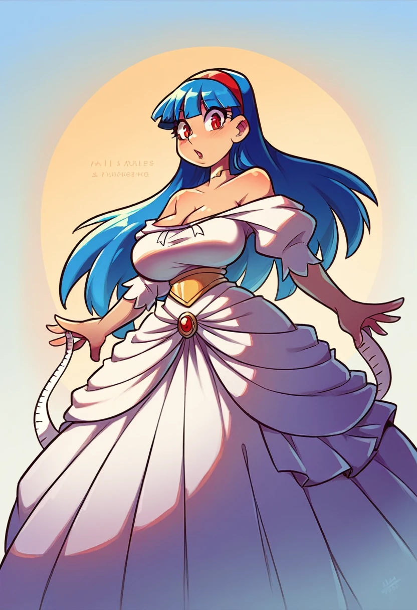 My name is Yukiko.I am a white test woman with long Sky blue hair,red eye color.I am 1.62 cm tall . Dressed in a low-cut gold and white princess dress with a fluffy skirt. With huge breasts measure 200 cm, waist 40 cm and my hips 200 cm