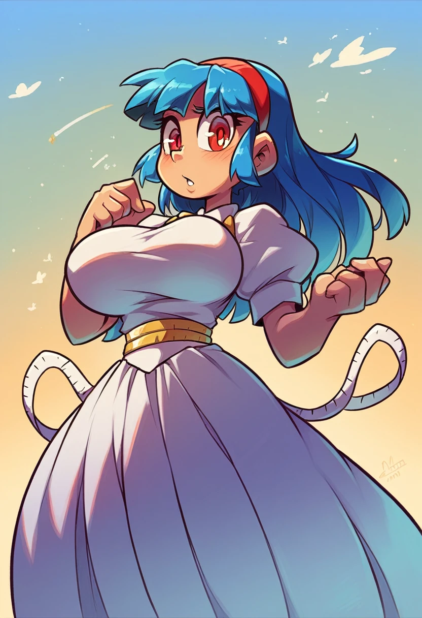 My name is Yukiko.I am a white test woman with long Sky blue hair,red eye color.I am 1.62 cm tall . Dressed in a low-cut gold and white princess dress with a fluffy skirt. With huge breasts measure 200 cm, waist 40 cm and my hips 200 cm