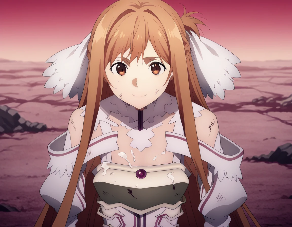 score_9, score_8_superior, score_7_superior, sauce_anime,
asunayuuki, As Yuuki, Long Hair, bangs, Brown Hair, Brown eyes, very Long Hair, Braiding, 
dress, Exposing shoulders, Removable sleeves, white dress, armor, breastplate, white armor,
Outdoor, wasteland, I had already finished, smile,
alone, View your viewers, After being violated,Semen overflows from the genitals