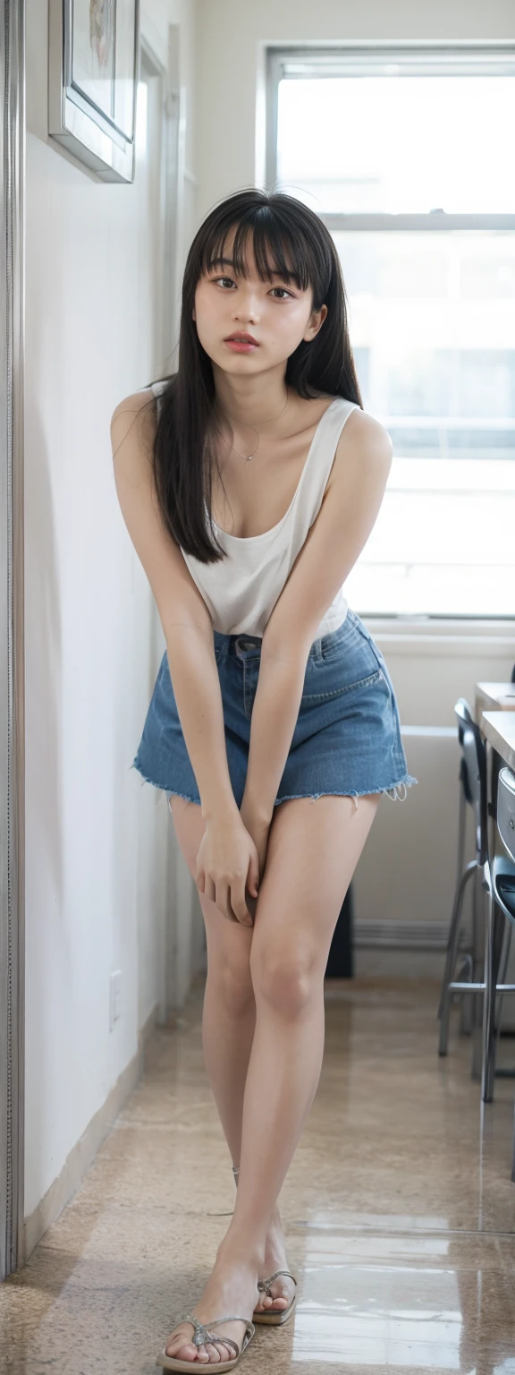 Open shirt, (((Leaning forward))), ((,Round face, Around 17 years old,mini skirt、Loose fitting tank top)), Long Hair, , Natural Makeup, Lips become thicker, Sexy Gaze, barefoot, ((Raise one leg)), Shooting from below,Gentle expression ,((Extremely precise and accurate anatomy)), (masterpiece:1.43), Perfect Proportions, Realistic photos, Full Shot, whole body, (height: 165cm),