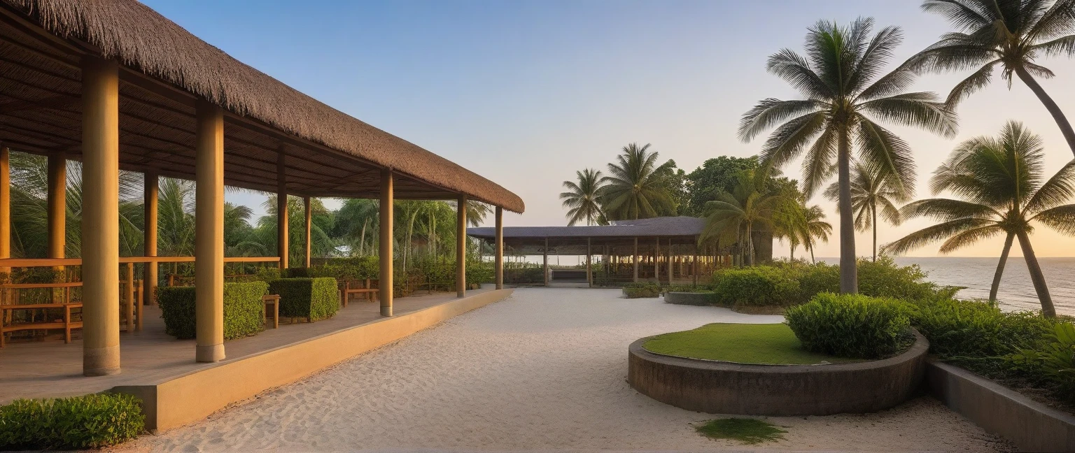 headquarter of Local caft Resort , coconut trees, greenery landscape, along the white beach, clear sky, sunrise time, warm lighting RAW Photo, RAW texture, Super Realistic, 32K UHD, DSLR, soft lighting, high quality, film rating, Fujifilm XT3
