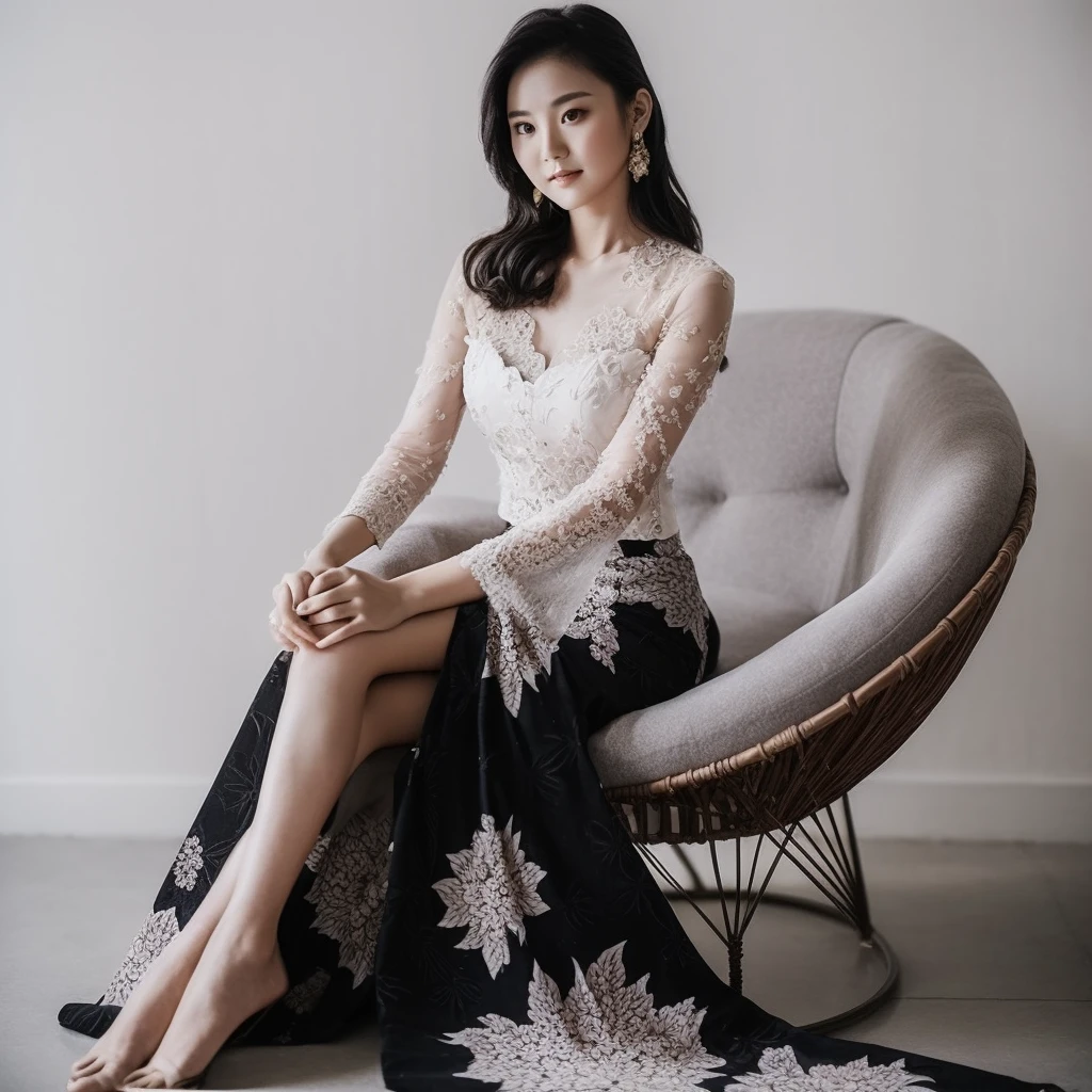 A beautiful Korean woman aged 20 years, wearing a long Balinese kebaya, White, wearing a black floral patterned skirt, sitting gracefully on a round couch, photo style, background, photo studio, very detailed 8k