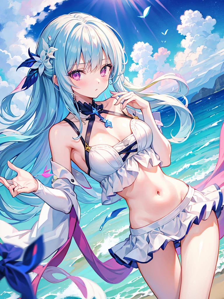 (masterpiece), best quality, long hair, straight hair, anime girl, young, skinny, sexy, beach , ( pink miniskirt), medium thighs, medium , navel, g cup chest, (beautiful face) , seductive , white gloves, upper thighs, bare shoulders , good angle , light blue hair , firefly (honkai star rail), leaning, ponytail, armpits, lying, (1girl)