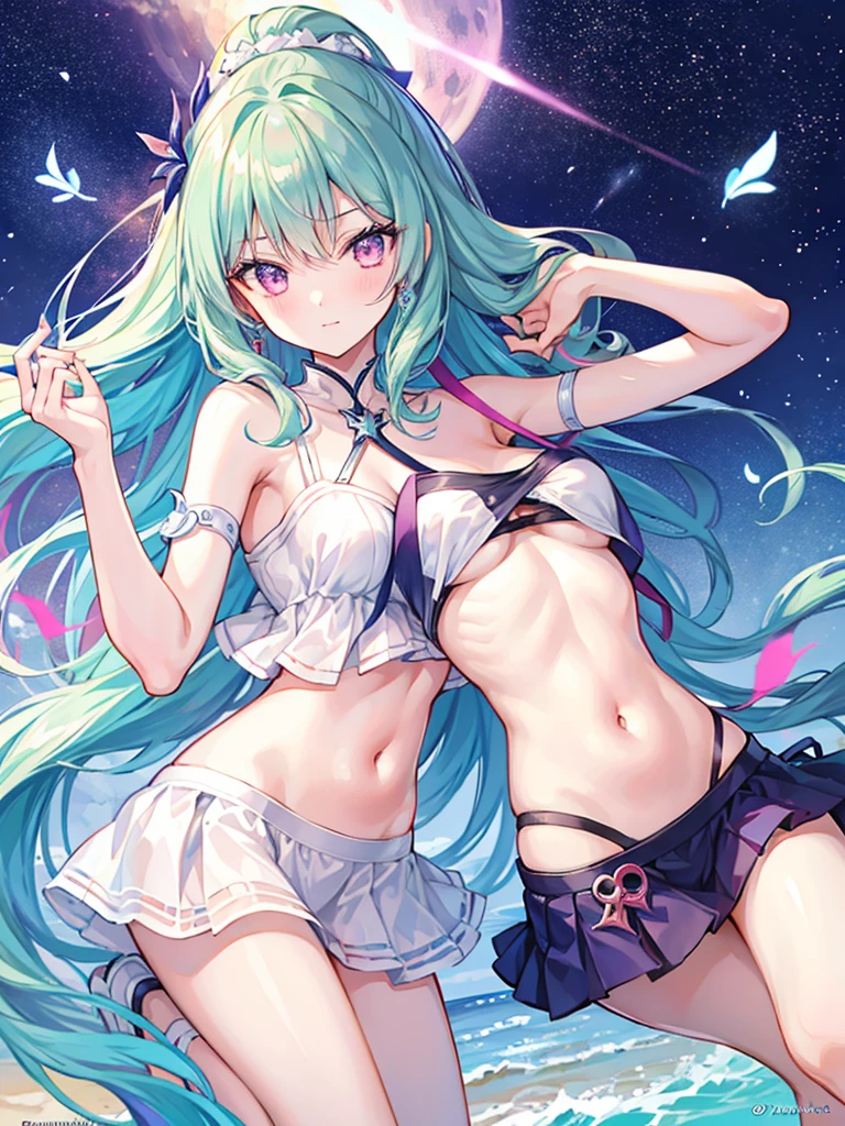 (masterpiece), best quality, long hair, straight hair, anime girl, young, skinny, sexy, beach , ( pink miniskirt), medium thighs, medium , navel, g cup chest, (beautiful face) , seductive , white gloves, upper thighs, bare shoulders , good angle , light blue hair , firefly (honkai star rail), leaning, ponytail, armpits, lying, (1girl)