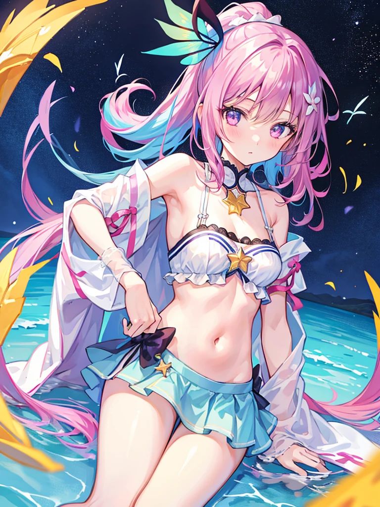 (masterpiece), best quality, long hair, straight hair, anime girl, young, skinny, sexy, beach , ( pink miniskirt), medium thighs, medium , navel, g cup chest, (beautiful face) , seductive , white gloves, upper thighs, bare shoulders , good angle , light blue hair , firefly (honkai star rail), leaning, ponytail, armpits, lying, (1girl)