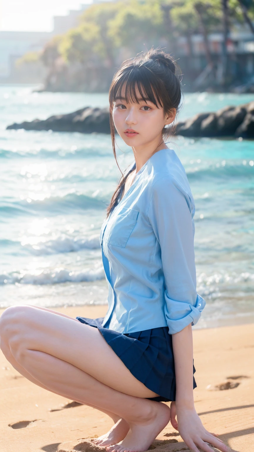 (((Top-down configuration:1.33)))、((No underwear:1.55))、One Girl、Beautiful and detailed eyes and face、barefoot、20 year old cute Japan woman, ((Extremely precise and accurate anatomy:1.0)), (photo Realistic:1.4), (hyper Realistic:1.4), (最高品質のRealisticな肌の質感:1.4), (Improvement of quality:1.4), (Enhances the beauty of skin texture:1.1), Clean and glowing skin, mesh, thin:1.2, (Realistic:1.3), Realisticなライティング, (Smoother lighting:1.05), (Improving the quality of cinema lighting:0.9), Backlight, A gentle light shining on your face, Ray Tracing, (Bright light:1.2), 32k, One Japanese woman, fine grain, Detailed face, (Film Grain:1.1),(Accentuates body lines:1.1), High resolution, Natural look, Kind eyes, Improves hair quality, Delicate light and shadow, Transparent muscle, Graceful pose, Beautiful Eyes, Sharp details, Soft light reflection, Beautiful contours, Delicate skin tone, Fine hair texture, Natural background, (((sunny day、Beach、A strong wind is blowing、Her hair and skirt are flying、Squat, Traditional navy blue sailor uniform、Open shirt、Pleated skirt、Scooping seawater with hands:1.25、splash、Sandy Beach、Light of the sun、clear blue sea、The waves crash quietly、Blue sky and white clouds、green mountain々、Beautiful Nature、The joy of youth)))、