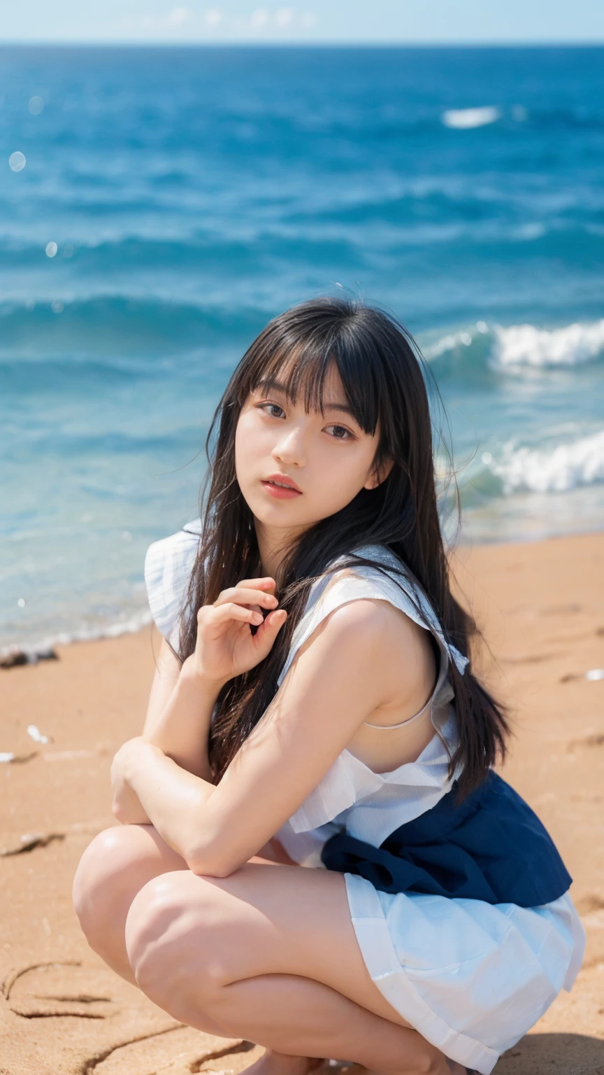 (((Top-down configuration:1.33)))、((No underwear:1.55))、One Girl、Beautiful and detailed eyes and face、barefoot、20 year old cute Japan woman, ((Extremely precise and accurate anatomy:1.0)), (photo Realistic:1.4), (hyper Realistic:1.4), (最高品質のRealisticな肌の質感:1.4), (Improvement of quality:1.4), (Enhances the beauty of skin texture:1.1), Clean and glowing skin, mesh, thin:1.2, (Realistic:1.3), Realisticなライティング, (Smoother lighting:1.05), (Improving the quality of cinema lighting:0.9), Backlight, A gentle light on your face, Ray Tracing, (Bright light:1.2), 32K, One Japanese woman, fine grain, Detailed face, (Film Grain:1.1),(Accentuates body lines:1.1), High resolution, Natural look, Kind eyes, Improves hair quality, Delicate light and shadow, Transparent muscles, Graceful pose, Beautiful Eyes, Sharp details, Soft light reflection, Beautiful contours, Delicate skin tone, Fine hair texture, Natural background, (((sunny day、Beach、A strong wind is blowing、Her hair and skirt are flying、Squat, Traditional navy blue sailor uniform、Open shirt、Pleated skirt、Scooping seawater with hands:1.25、splash、Sandy Beach、Light of the sun、clear blue sea、The waves crash quietly、Blue sky and white clouds、green mountain々、Beautiful Nature、The joys of youth)))、