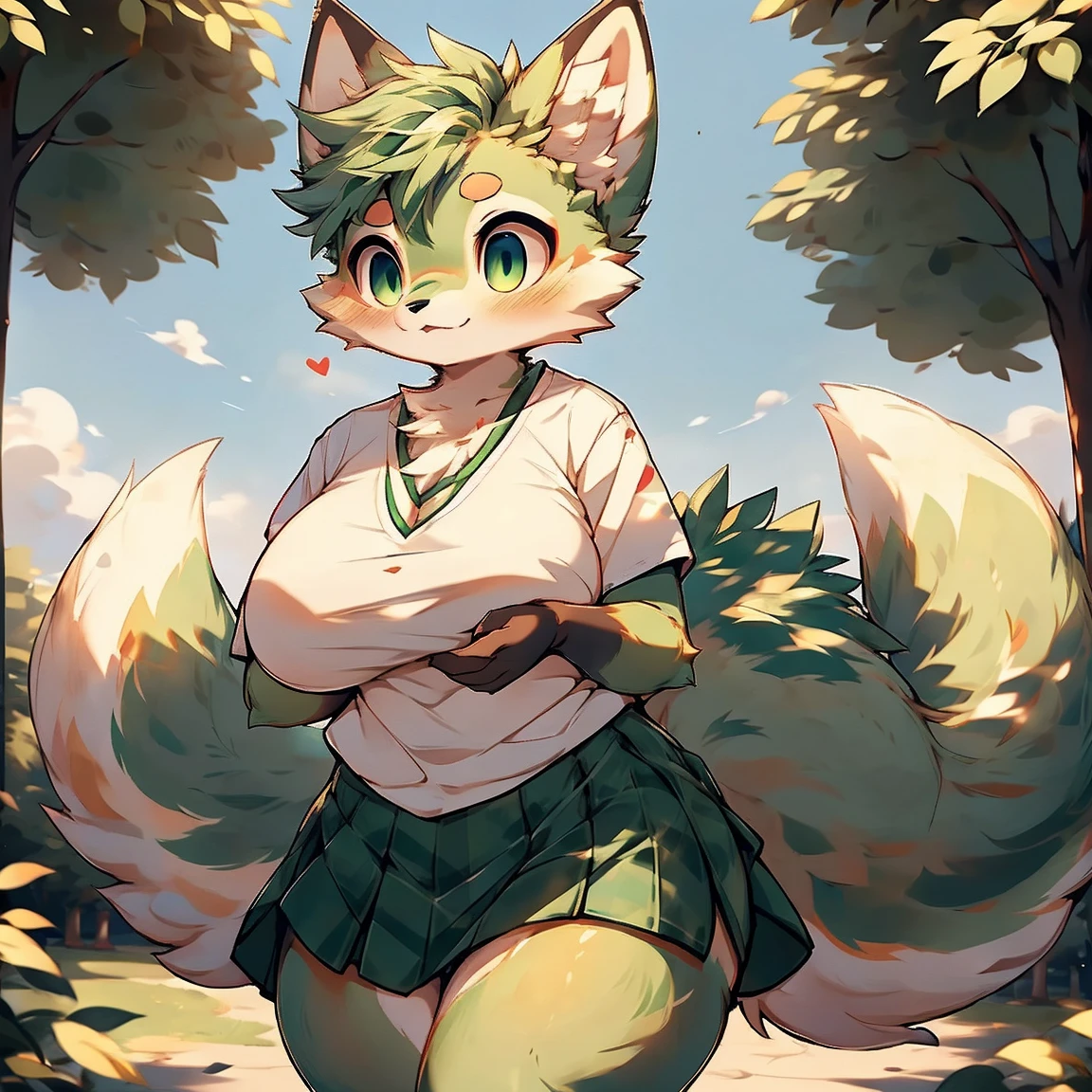 ((Fox)) ((Green fur)) ((Fluff fur)) ((Female)) ((Cute)) ((Curvy body)) ((Large breasts)) ((long tail)). A cute femame furry fox, her fur is all green. She is on a park with a blush on her face. She is waering a blue micro skirt and a short white shirt.
