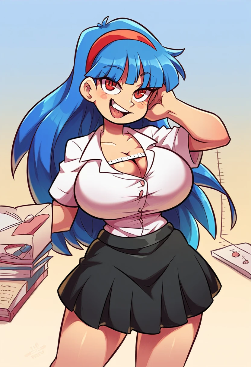 My name is Yukiko.I am a white test woman with long Sky blue hair,red eye color.I am 1.62 cm tall . Dressed in a short white shirt and a very long black skirt with books in my arms,dressed as a kindergarten teacher. With huge breasts measure 200 cm, waist 40 cm and my hips 200 cm