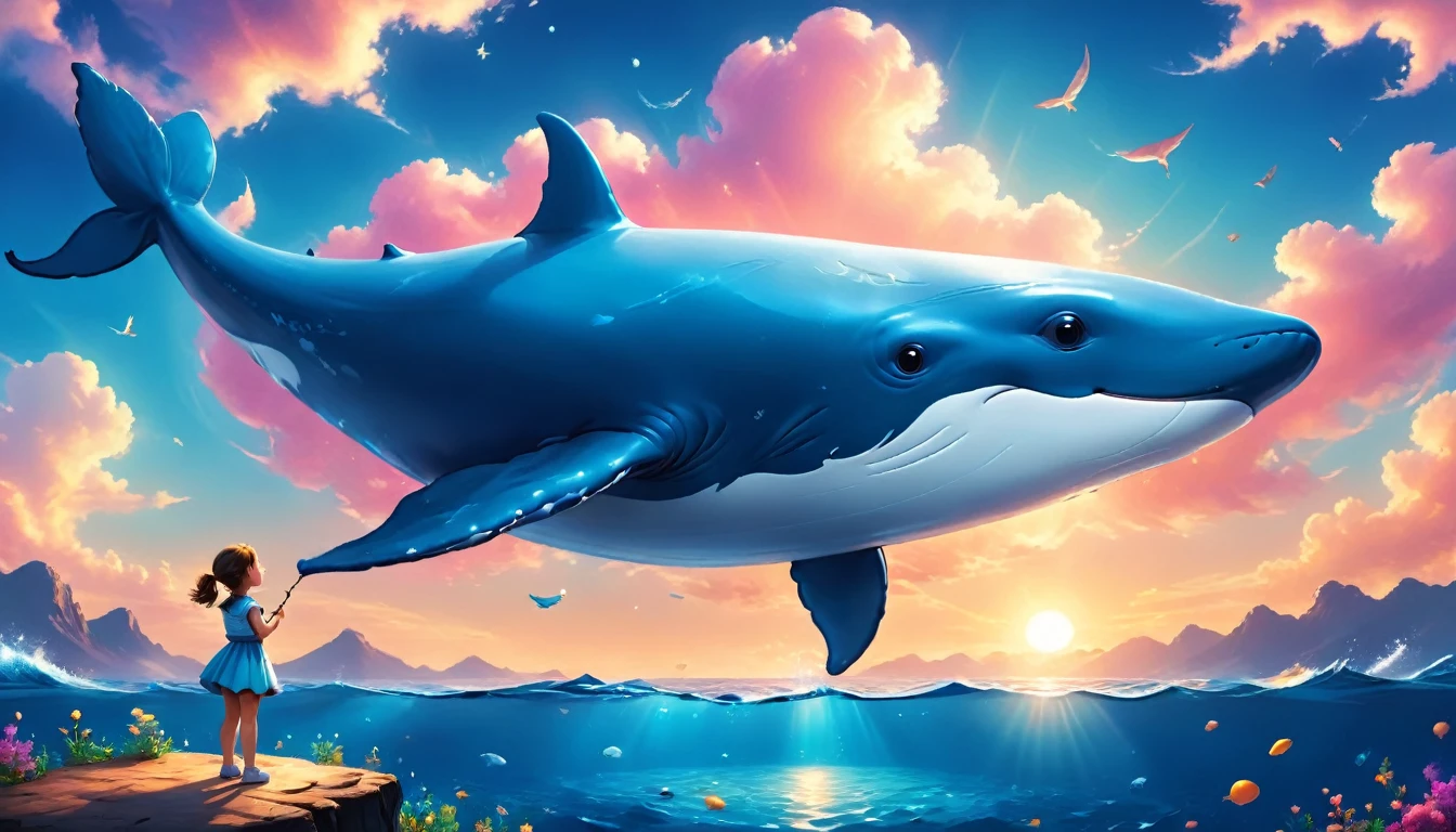a digital paining of  (balloon in the shape of blue whale) ((being held by a cute kindergarten girl)), High Contrast, (masterpiece:1.5), highest quality, Best aesthetics), 16K fantasy art, best details, best quality, highres, (ultra wide angle: 1.2), 16k, [ultra detailed], masterpiece, best quality, (extremely detailed), magical sky, digital painting, balloonz