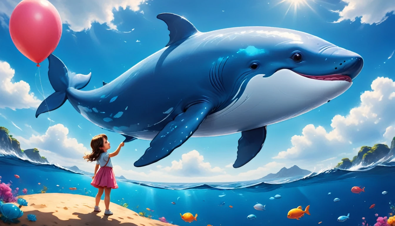 a digital paining of ((balloon in the shape of a blue whale: 1.2)) being held by cute kindergarten girl, High Contrast, (masterpiece:1.5), highest quality, Best aesthetics), 16K fantasy art, best details, best quality, highres, (ultra wide angle: 1.2), 16k, [ultra detailed], masterpiece, best quality, (extremely detailed), magical sky, digital painting
