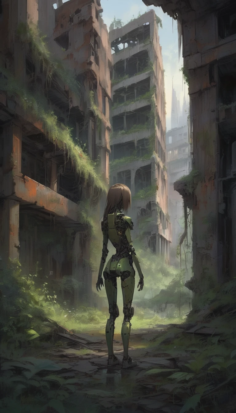 Ruined City,This place collapsed tens of thousands of years ago,Overgrown with vegetation,Collapsed buildings all around,Rusty structure,Silence,A humanoid android seen from behind（girl）Standing quietly,Lonely atmosphere,evening