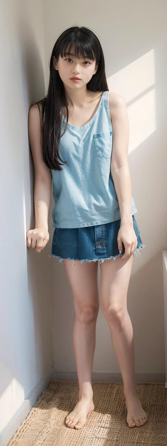Shirt lift、((Japanese 、Downtown Kyoto、walk、Upper Body、Light blue shirt、mini skirt、Nipples、Knee-high socks、loafers、Black Backpack、Photograph the whole body))、(Realistic、Photorealistic、Ultra-detailed、Highest Detail Skin、highest quality、masterpiece、超A high resolution)、Cute Japanese Woman、17 years old、One Girl、Has bangs、(((slim))),(((Small breasts)))