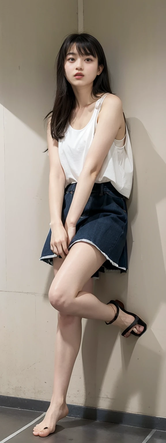 Open shirt, (((Leaning forward))), ((,Round face, Around ,mini skirt、Loose fitting tank top)), Long Hair, , Natural Makeup, Lips become thicker, Sexy Gaze, barefoot, ((Raise one leg)), Shooting from below,Gentle expression ,((Extremely precise and accurate anatomy)), (masterpiece:1.43), Perfect Proportions, Realistic photos, Full Shot, whole body, (height: 165cm),