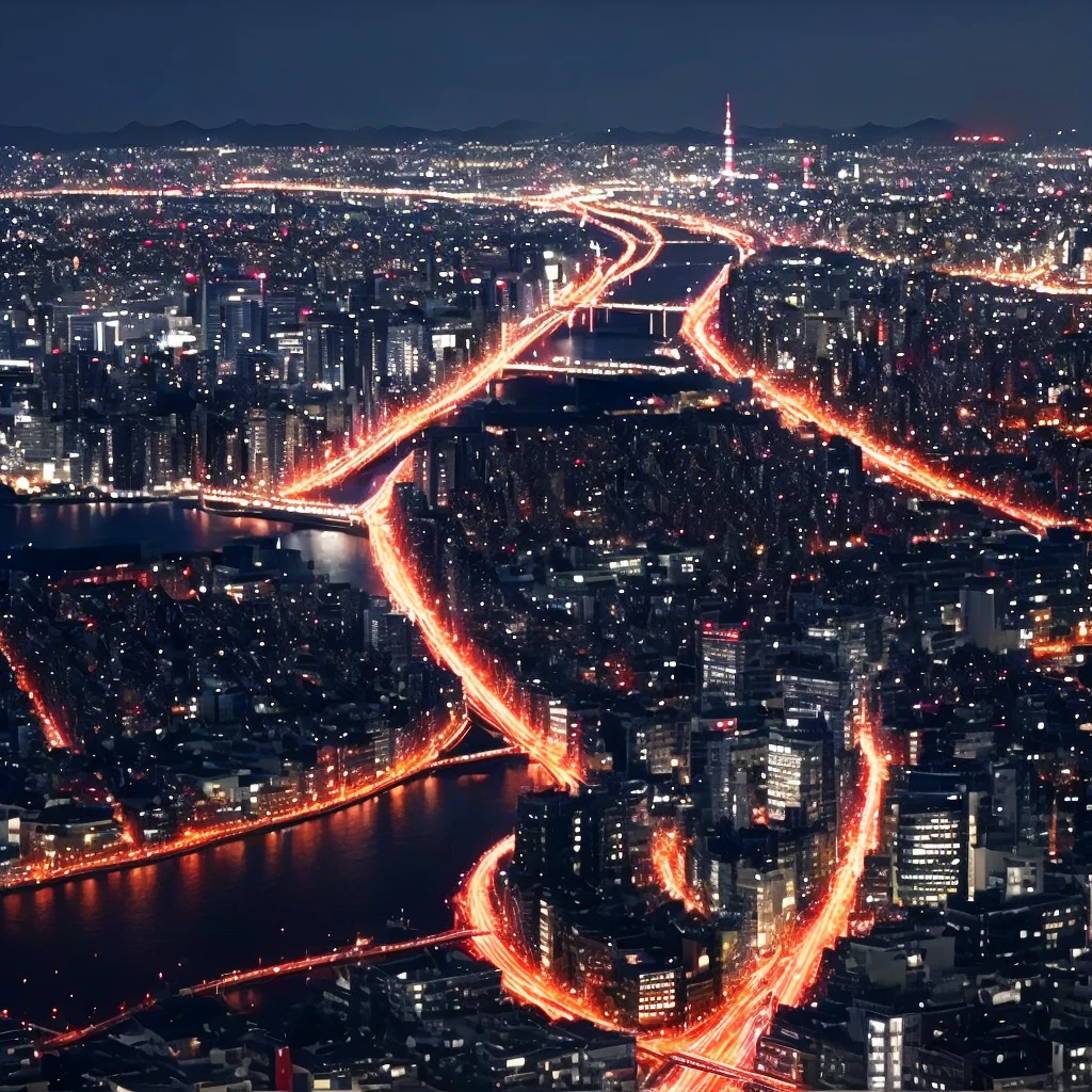Aerial view of the city at night with a bridge over the river, Japanese city at night, Japan at night, Tokyo at Night, Tokyo in the background, Japanese city, Tokyo in the background, Tokyo is futuristic and clean, Tokyo, Modern Tokyo, Japonisme 3d 8k ultra detailed, Japan. Volumetric lighting, in Tokyo at Night