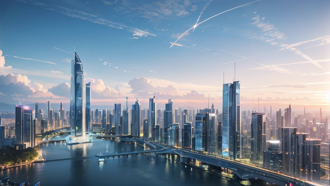 (Highest quality,4K,8k,High resolution,masterpiece:1.2),Very detailed,(Realistic,Realistic,Photorealistic:1.37),Futuristic floating city,Future Technology,Huge urban high-tech tablet platform,airship,Floating in the sky,Future City,小さなairshipが周囲に,High-tech hemispherical platform,Colorful lights,High-level architecture,Modern architecture,Skyscraper,Access the cloud,Beautiful views,City view,Impressive design,Seamlessly blending with nature,vibrant and lively atmosphere,Future Transportation Systems,No Parking,Transparent path,Lush greenery,Sky Garden,waterfall,Spectacular Skyline,Reflection on the surface of the water,Shining River,Architectural Innovation,Futuristic skyscrapers,Transparent Dome,The building has an unusual shape,Elevated walkway,Impressive Skyline,Glowing lights,Future Technology,minimalist design,Scenic spots,panoramic,tower that pierces the clouds,Vibrant colors,Spectacular sunrise,Spectacular sunset,Dazzling light display,Magical atmosphere,Future City,Urban Utopia,Luxury Lifestyle,Innovative Energy,Sustainable Development,Smart City Technology,Advanced Infrastructure,Quiet atmosphere,Nature and technology coexist in harmony,Wonderful cityscape,Unprecedented urban planning,Architecture seamlessly connects with nature,High-tech city,A marvel of cutting-edge engineering,The future of urban living,A visionary architectural concept,Energy-efficient buildings,Harmony with the environment,A city floating above the clouds,Utopian dreams become reality,The possibilities are endless,Cutting-edge transportation network,Green Energy Integration,Innovative Materials,Impressive holographic display,Advanced Communication Systems,Breathtaking aerial views,Quiet and peaceful environment,Modernist aesthetics,Heavenly Beauty