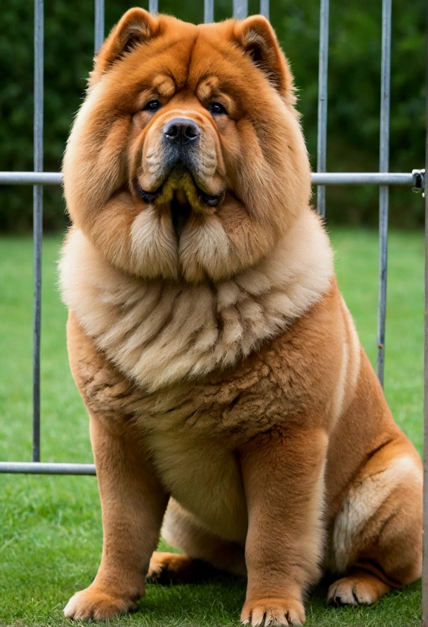 The images feature a Chow Chow, a breed known for its distinctive lion-like appearance and thick, fluffy coat. The dog has a broad, deep muzzle and small, rounded ears set high on the head. Its coat is a rich, reddish-brown color, and it appears well-groomed and well-fed. The first image shows the dog standing on grass, while the second image shows the dog sitting in front of a metal fence or gate. Both images highlight the dog's sturdy, robust build and dense fur.