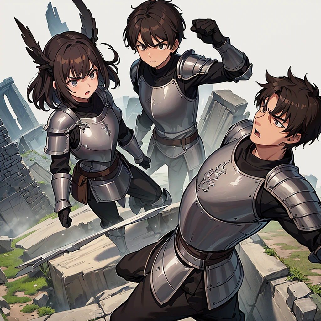 Best illustrations、Best Quality、(((Simple grey armor、Black trousers、Black gloves、Short Hair、Brown Hair、Plate Armor、20 year old man)))、(((Fighting stance)))、(Old ruins、desert。Grass)、Fall to the floor、(Black, muddy swamp)、(中世の騎士が10 people)、(Close your eyes、get annoyed、Open your mouth、Get angry)、(lots of medieval knights、10 people)、battlefield、(From above)、(White background)