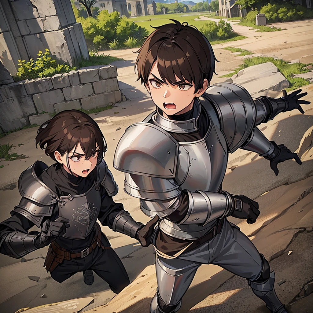 Best illustrations、Best Quality、(((Simple grey armor、Black trousers、Black gloves、Short Hair、Brown Hair、Plate Armor、20 year old man)))、(((Fighting stance)))、(Old ruins、desert。Grass)、Fall to the floor、(Black, muddy swamp)、(中世の騎士が10 people)、(Close your eyes、get annoyed、Open your mouth、Get angry)、(lots of medieval knights、10 people)、battlefield、(From above)、(White background)