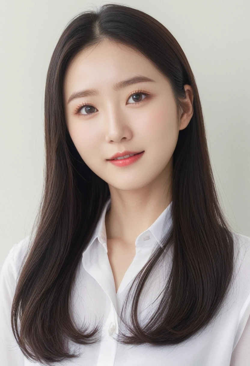 Best Quality, 8k, Masterpiece, (Portrait: 1.3), (photo realistic:1.4), (hyper realistic:1.4), Sharp Focus, looking at viewer, (smoother lighting:1.1), (increase cinematic lighting quality:0.9), realistic lighting, backlighting, light on face, ray trace, (brightening light:1.2), (Increase quality:1.4), sharp detail, (best quality real texture skin:1.4), finely detailed eyes, black_eyes, finely detailed face, 25 year old Korean woman, (white formal_shirt:1.4), (Create an image maintaining the original base model hairstyle:1.5),smiling_face