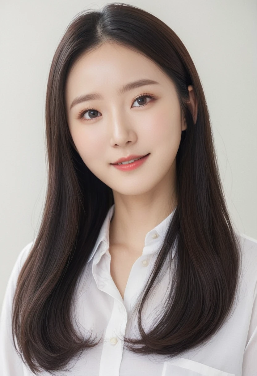 Best Quality, 8k, Masterpiece, (Portrait: 1.3), (photo realistic:1.4), (hyper realistic:1.4), Sharp Focus, looking at viewer, (smoother lighting:1.1), (increase cinematic lighting quality:0.9), realistic lighting, backlighting, light on face, ray trace, (brightening light:1.2), (Increase quality:1.4), sharp detail, (best quality real texture skin:1.4), finely detailed eyes, black_eyes, finely detailed face, 25 year old Korean woman, (white formal_shirt:1.4), (Create an image maintaining the original base model hairstyle:1.5),smiling_face