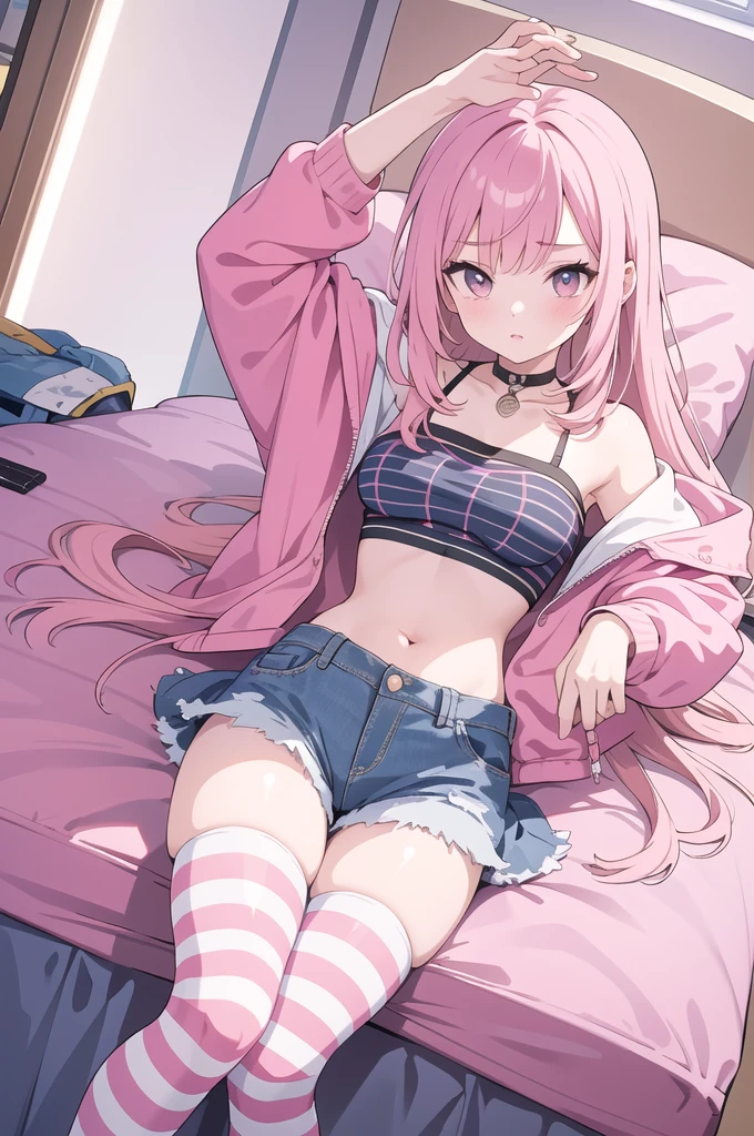 (masterpiece, best quality), 1girl, pink hair, crop top, denim shorts, bedroom, striped thighhighs, skirt